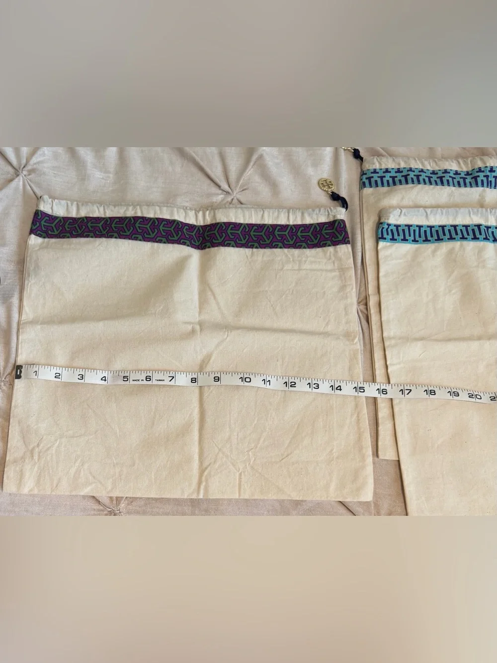 Tory Burch Cream Drawstring Dust Bag with Purple & Green Trim